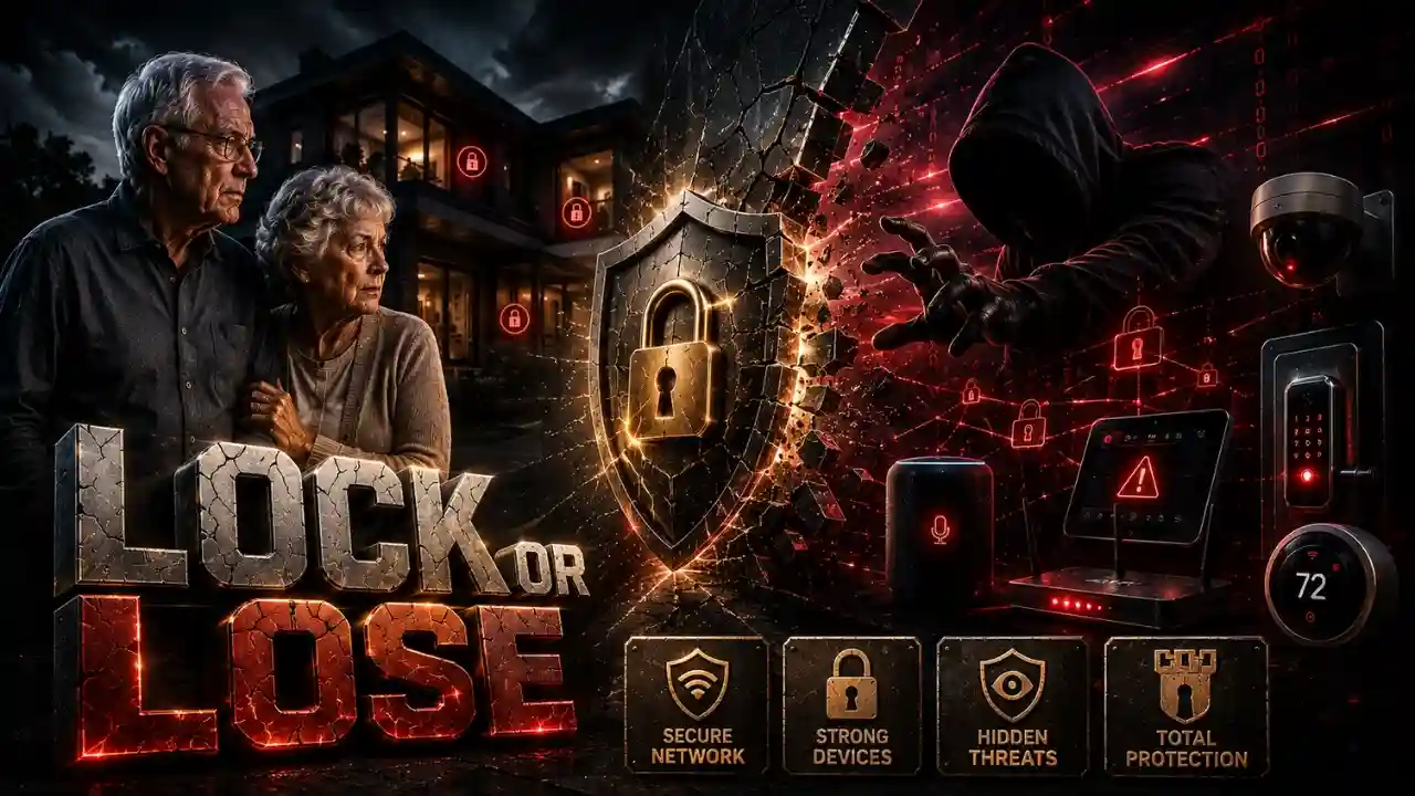 Smart home security for seniors protecting WiFi networks, smart locks, connected devices, home automation systems, surveillance cameras, and digital infrastructure from cyber threats