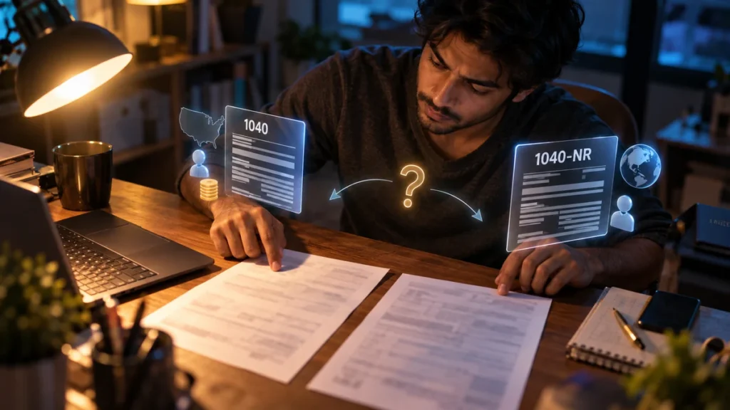 Man at a desk at night comparing two US tax returns side by side, Form 1040 and Form 1040-NR shown above them