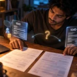 Man at a desk at night comparing two US tax returns side by side, Form 1040 and Form 1040-NR shown above them