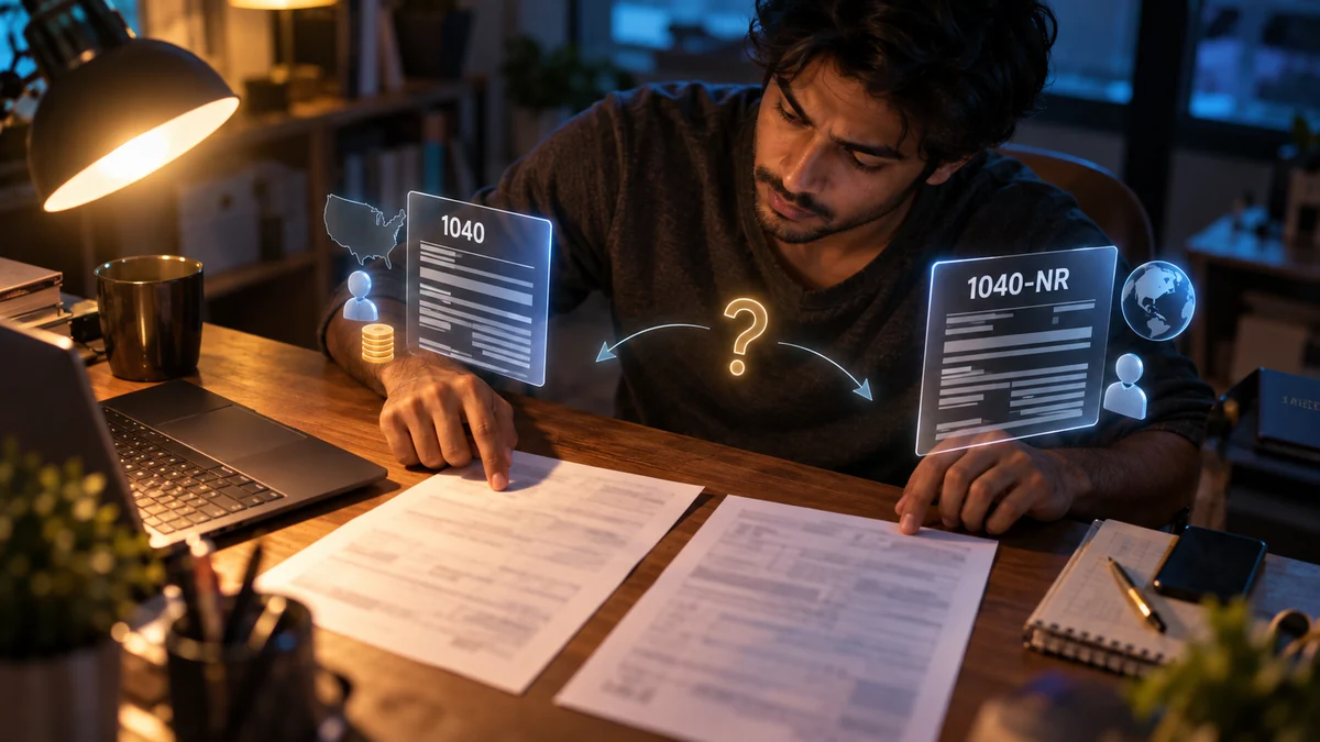 Man at a desk at night comparing two US tax returns side by side, Form 1040 and Form 1040-NR shown above them