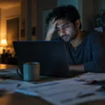 Worried man at a kitchen table late at night looking at a laptop, bank statements spread in front of him