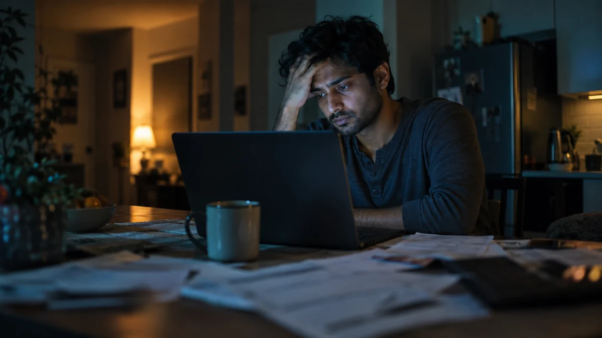 Worried man at a kitchen table late at night looking at a laptop, bank statements spread in front of him