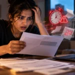 Alarmed woman reading an official letter at a desk at night, a red alarm clock and warning sign beside her
