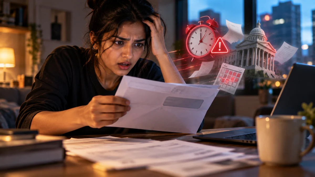 Alarmed woman reading an official letter at a desk at night, a red alarm clock and warning sign beside her