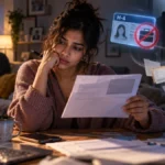 H4 visa holder reading a USCIS request for evidence at a table, an H-4 card and hourglass shown beside her