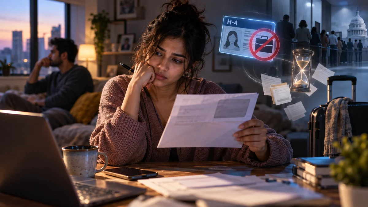 H4 visa holder reading a USCIS request for evidence at a table, an H-4 card and hourglass shown beside her