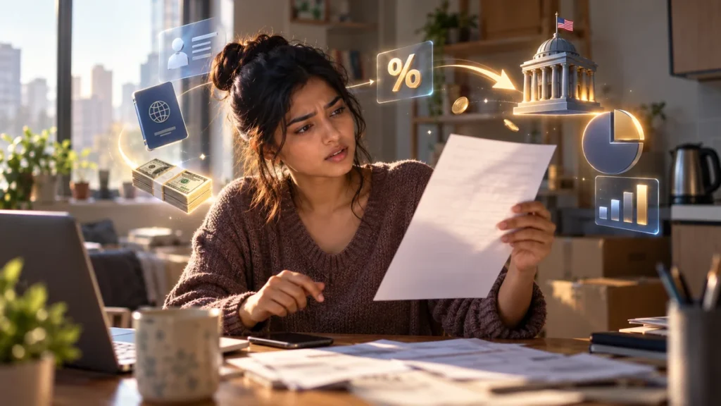 Indian graduate on OPT frowning at a pay document in a sunlit apartment, tax and refund icons floating beside her