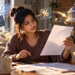 Indian graduate on OPT frowning at a pay document in a sunlit apartment, tax and refund icons floating beside her